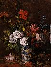 Floral still life in a blue and white porcelain vase by Karl Pierre Daubigny